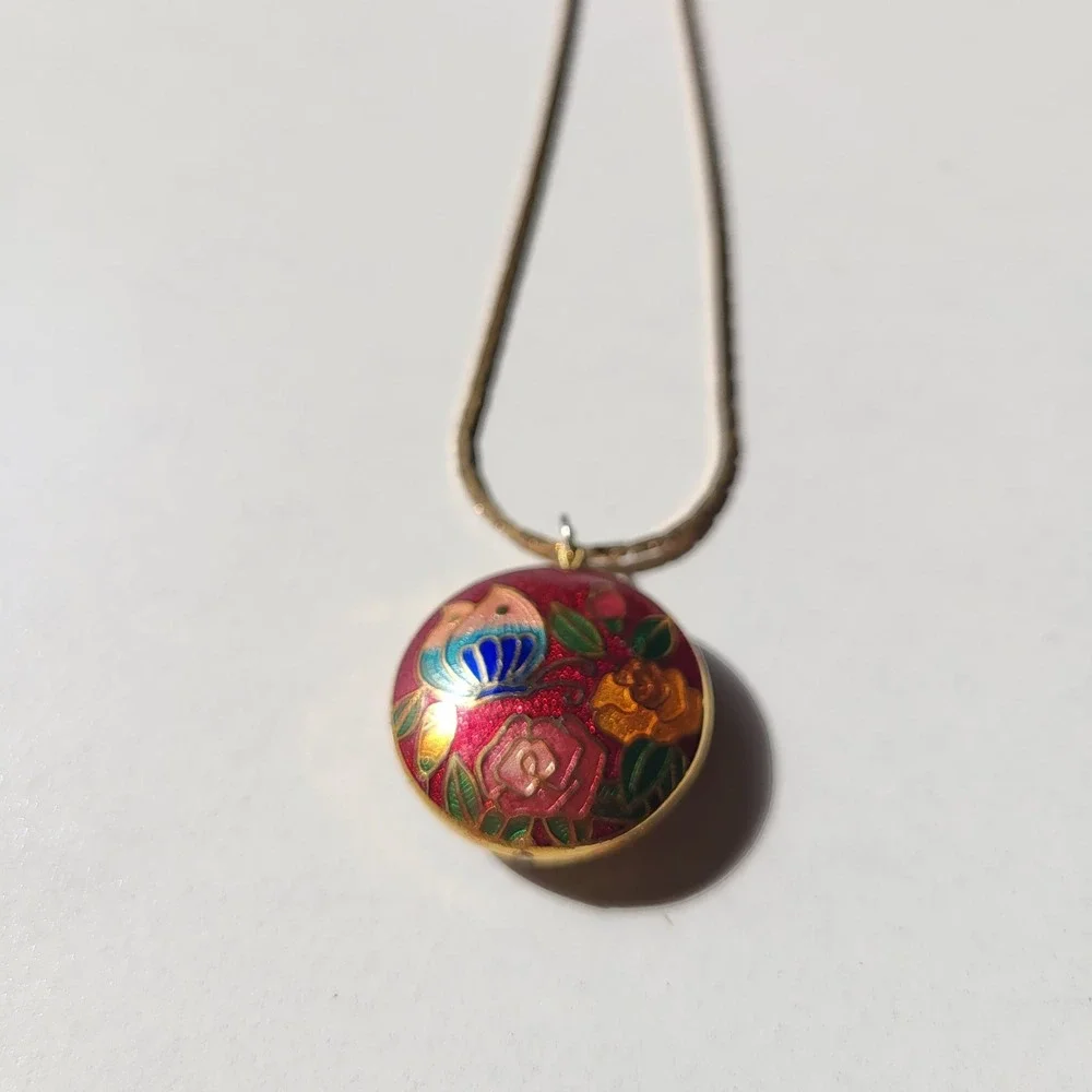 Vintage Two Sided Puffy Cloisonne Pendant Necklace Red Floral Butterfly